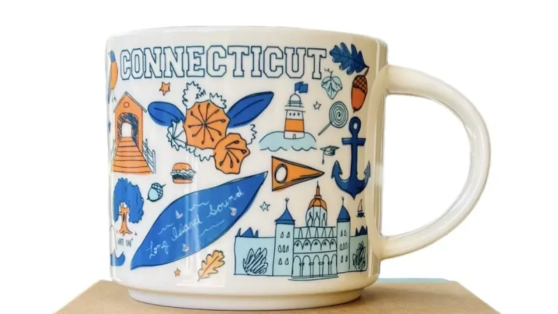 Connecticut Starbucks Been There Series Mug showcasing mountains, rivers, and state emblems.