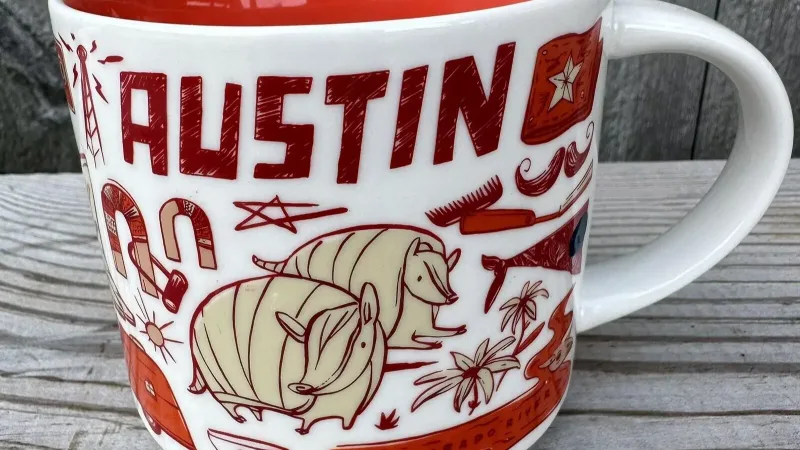 Front view of Starbucks Been There Series Austin mug showcasing Texas icons