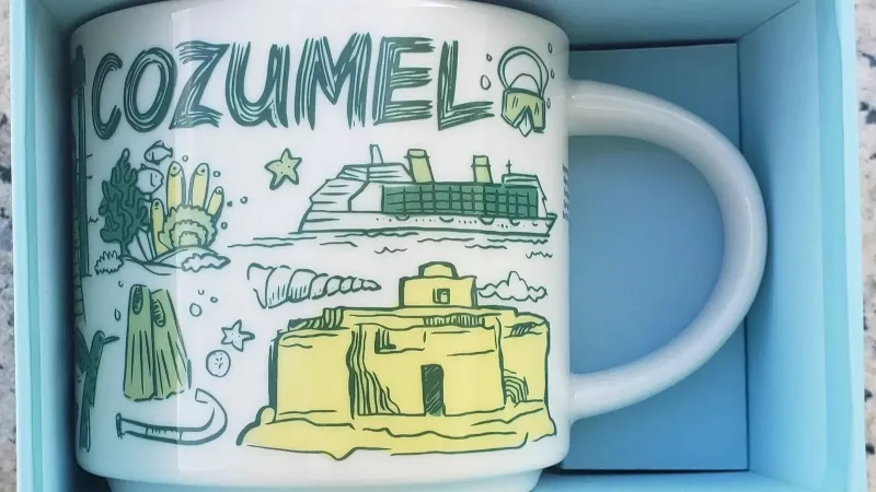 Starbucks Been There Series Cozumel mug with box showing iconic Cozumel landmarks.