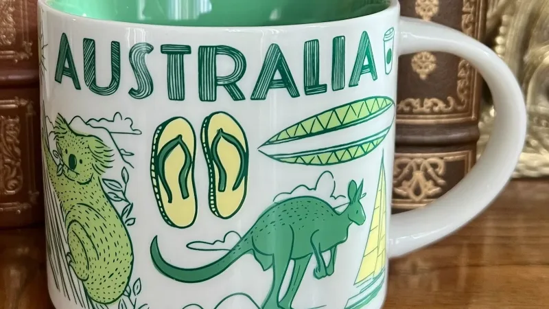 Front view of Starbucks Been There Series Australia mug with kangaroo and flip-flops illustration.